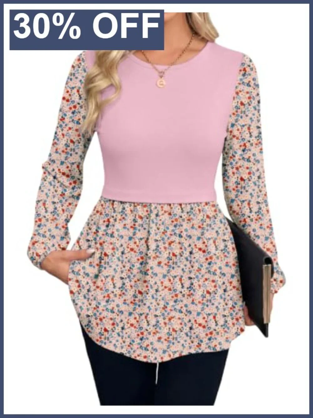 Long Sleeve Tunic Top Crew Neck Babydoll Peplum Blouse_3
